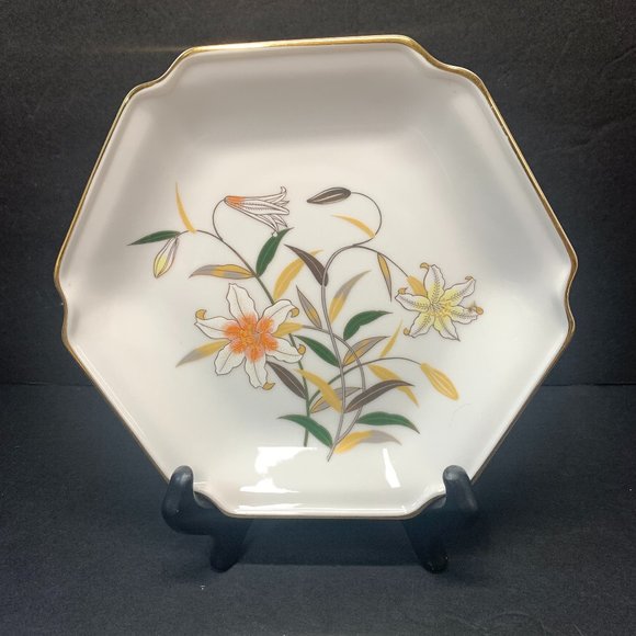 Otagiri White Yellow Iris Bouquet Gold Trim Platter - Picture 1 of 7